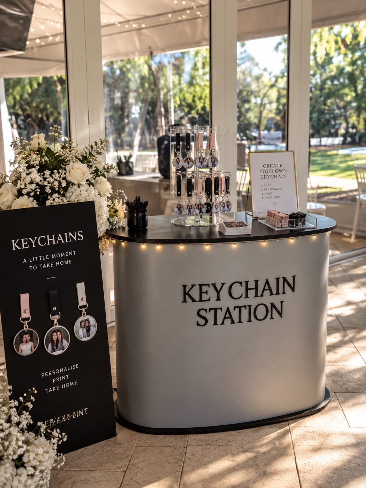 The keychain station set up at an Adelaide event, with finished keychains on display and a create-your-own-keychain sign