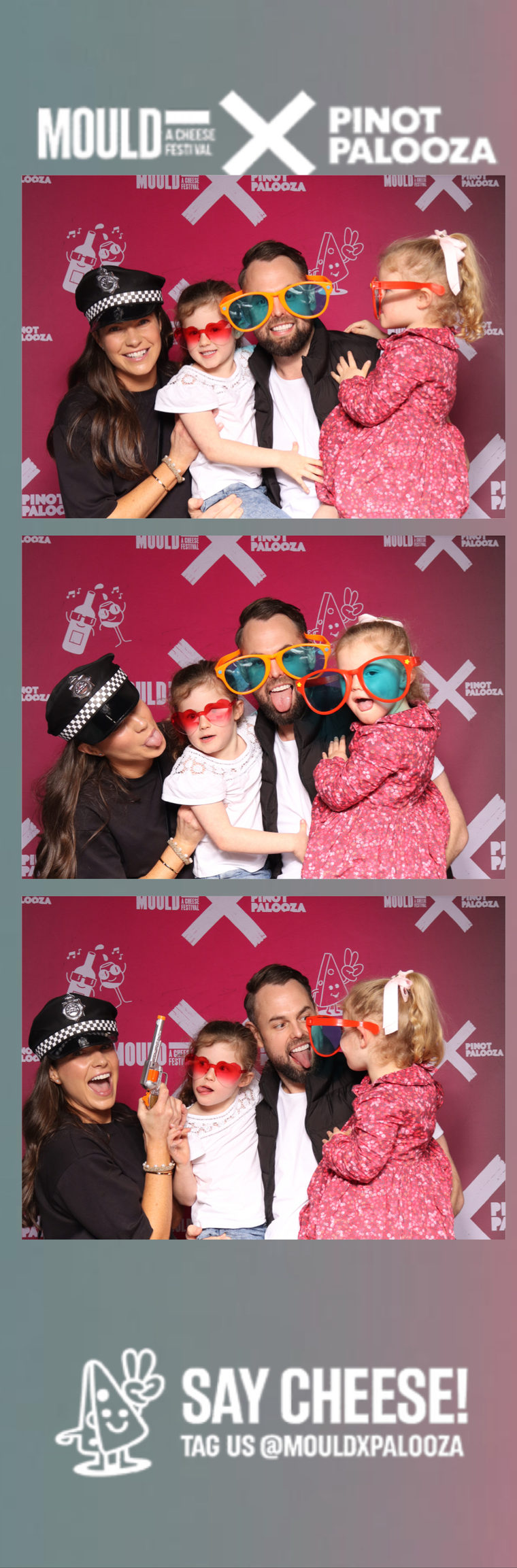 2x6 photo booth strip printed at an Adelaide event, three frames of a family in props with custom event branding