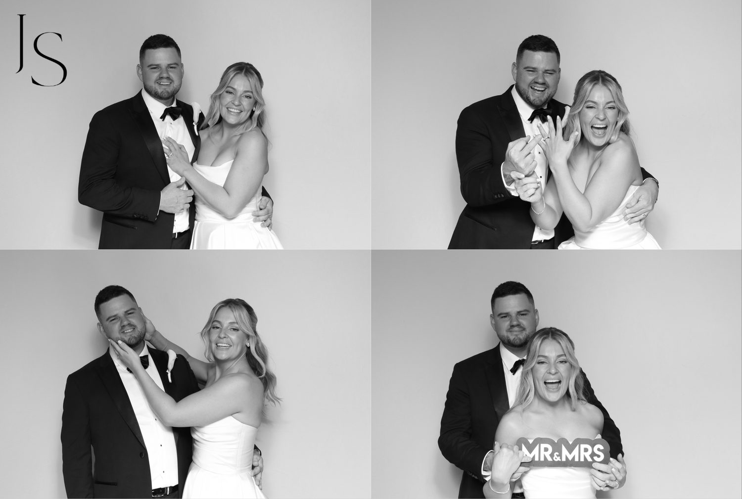 4x6 black and white Luxe photo booth print of a bride and groom across four frames at an Adelaide wedding
